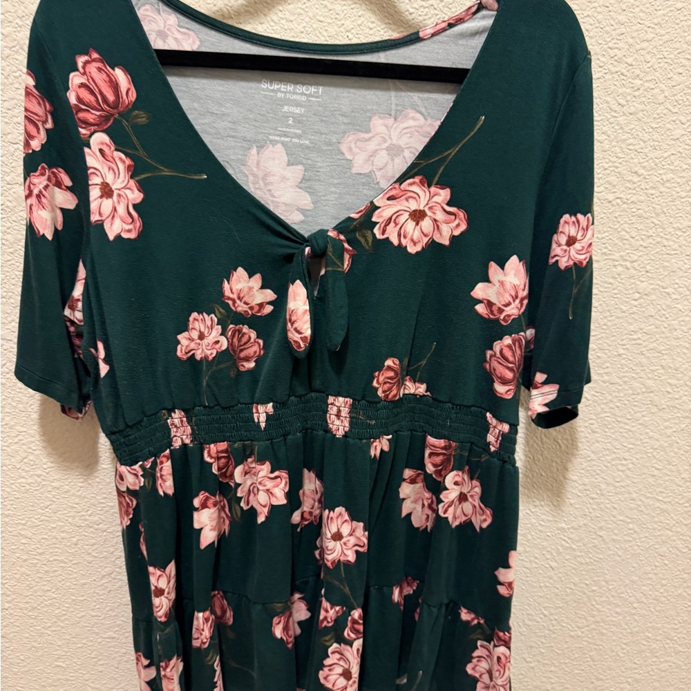 Torrid Green Jersey Top with Pink Floral Accents